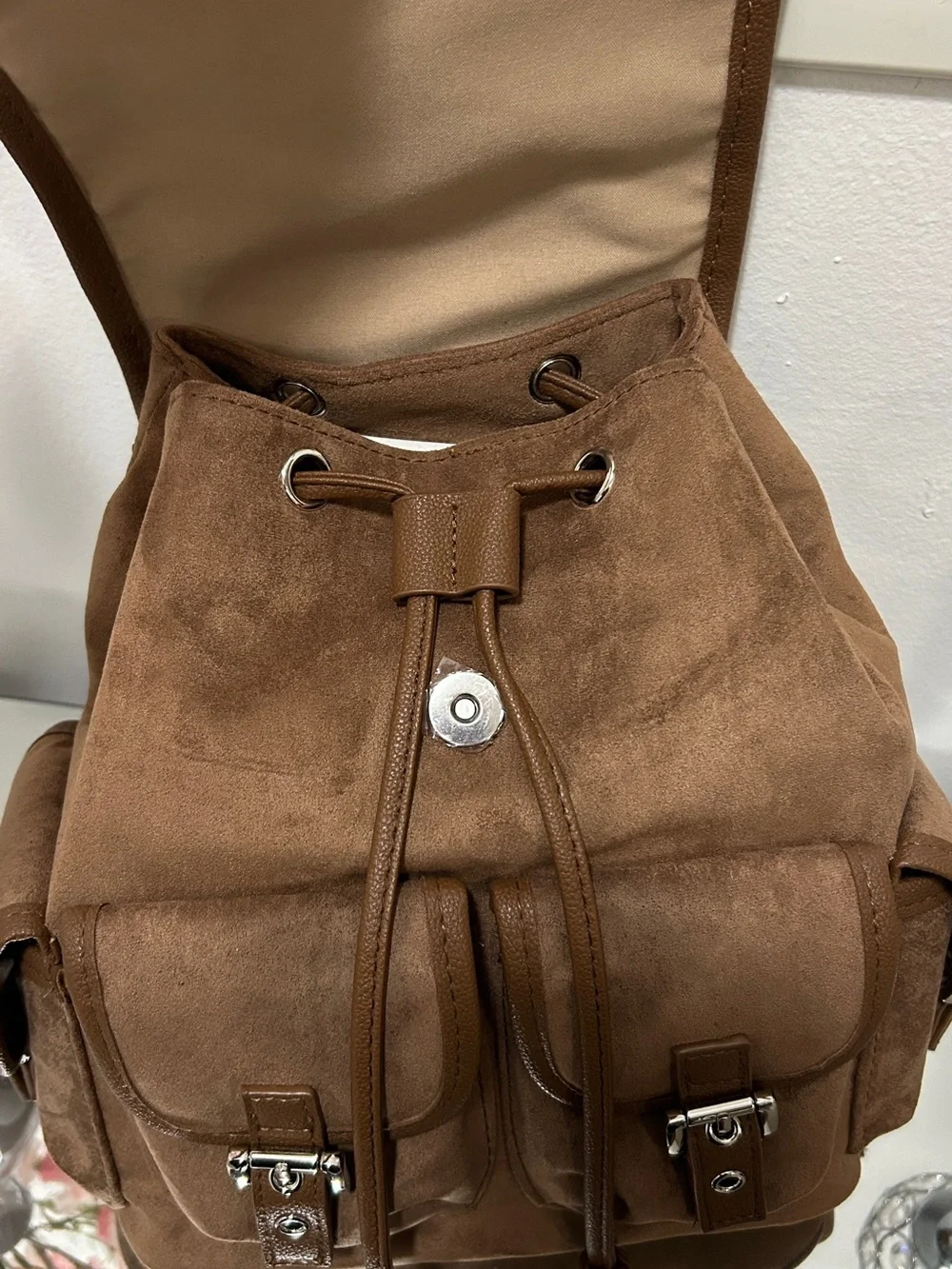 Madden NYC NWT Camel Faux Suede Backpack Multi Pocket School Travel Bag
